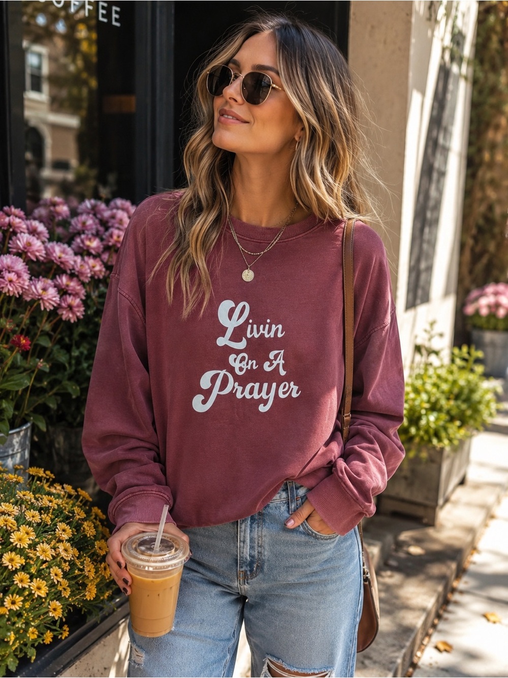 Livin On A Prayer Pullover Sweatshirt - Dusty Rose Women's Crewneck